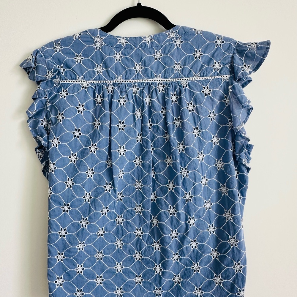 SUNDANCE Blue Eyelet Ruffle-Sleeve Blouse Size L - Picture 5 of 5